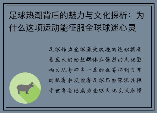足球热潮背后的魅力与文化探析：为什么这项运动能征服全球球迷心灵