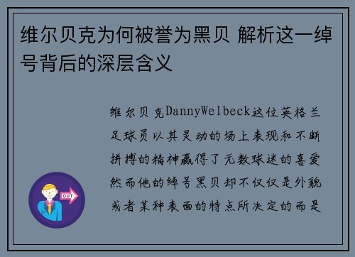 维尔贝克为何被誉为黑贝 解析这一绰号背后的深层含义 维尔贝克为何被誉为黑贝 解析这一绰号背后的深层含义